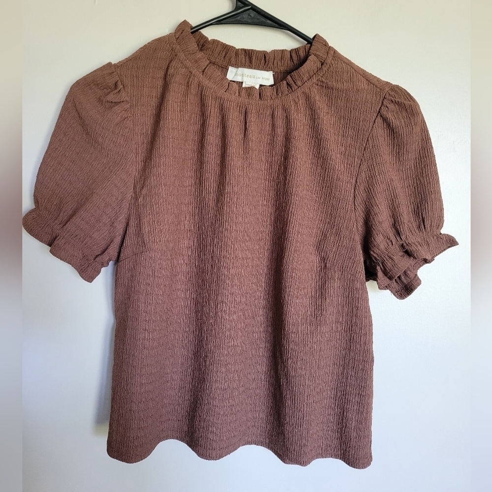 Monteau Womens Brown Puff Sleeve Cropped Ruffle Collar Top Size Large